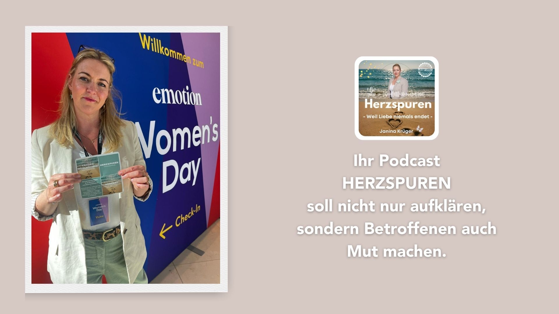 Janines Podcast “Herzspuren” findet ihr auf allen bekannten Streaming-Plattformen oder unter www.herzspuren.org